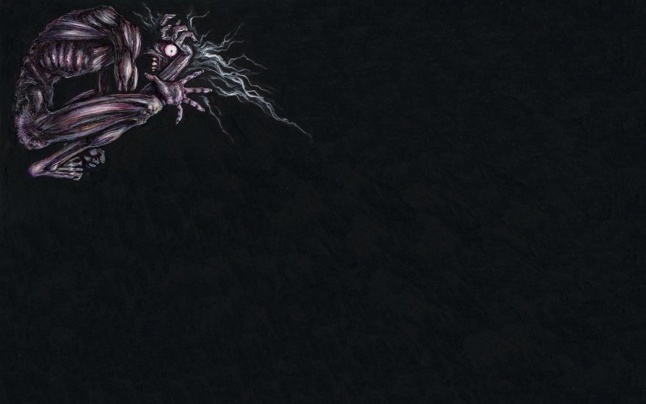 A dark, scary image features a twisted, skeletal figure curled in a corner, surrounded by ominous shadows and lightning-like designs emanating from its head.