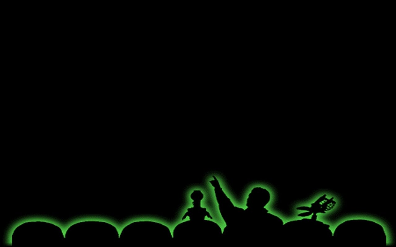 Silhouettes of three characters watching a movie with a green glow, representing the TV show Mystery Science Theater 3000.