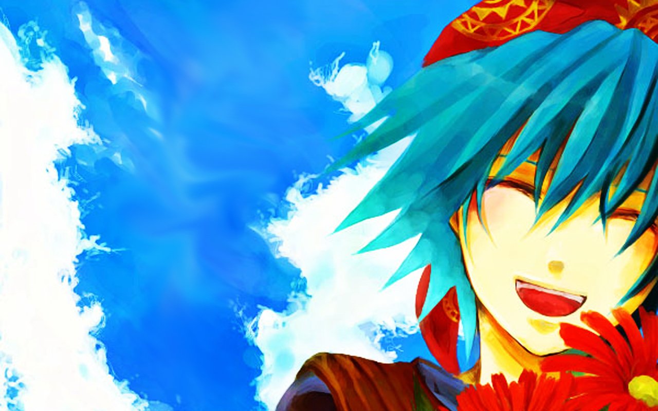 A vibrant illustration from the video game Chrono Cross features a cheerful character with blue hair, wearing a red bandana, surrounded by bright skies and colorful flowers.