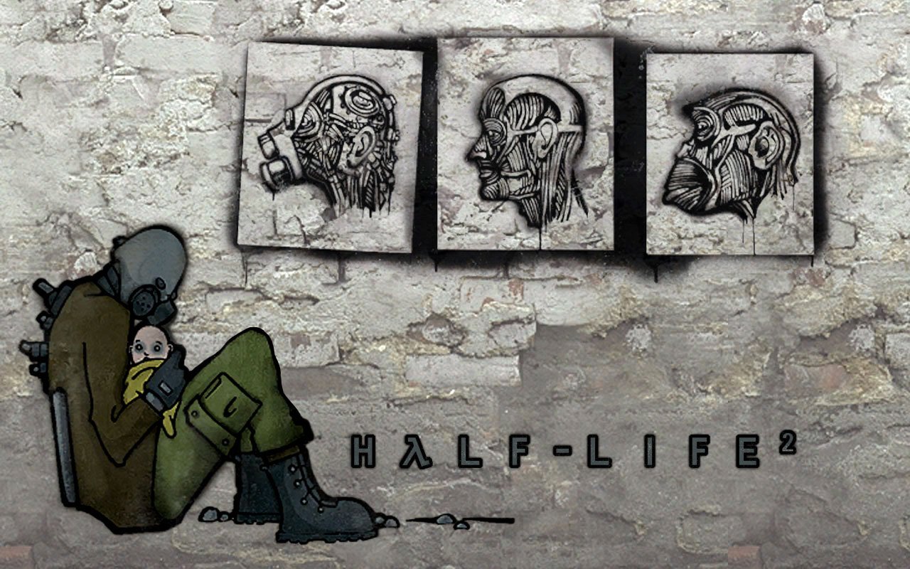 A character sits against a wall, cradling a child, with artistic sketches of robotic heads above them. The image features elements from the video game Half-Life 2.
