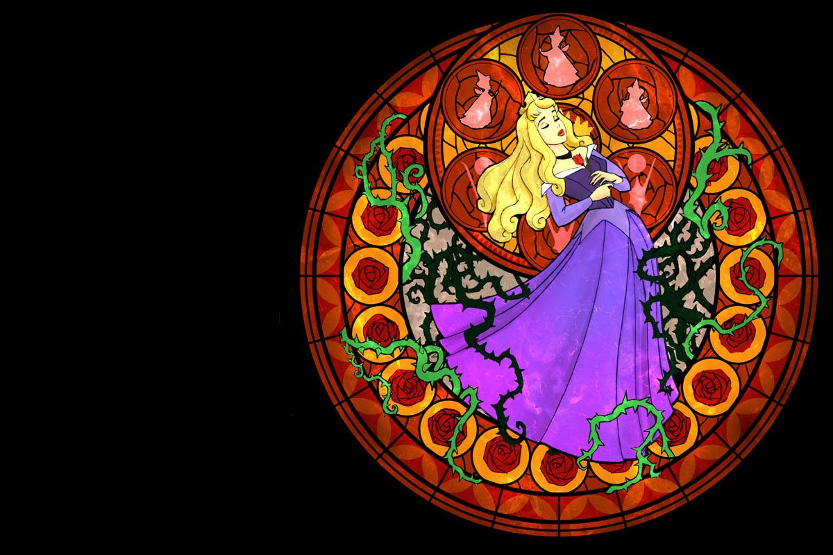 Stained glass art featuring Aurora from Disney's Sleeping Beauty (1959), showcasing her in a purple gown surrounded by intricate vines and circular motifs.