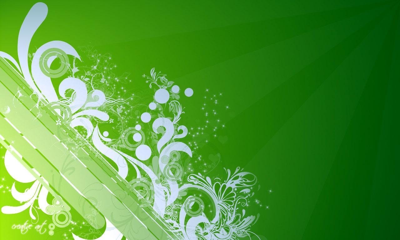 A vibrant green vector design featuring elegant white floral patterns and bubbles, creating a dynamic and artistic visual. The background radiates with subtle rays of green.