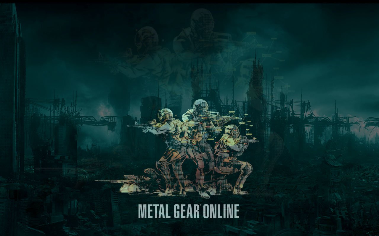 Three characters in a dark, dystopian setting showcase their readiness for battle in the video game Metal Gear Online, with a dramatic backdrop of ruins.