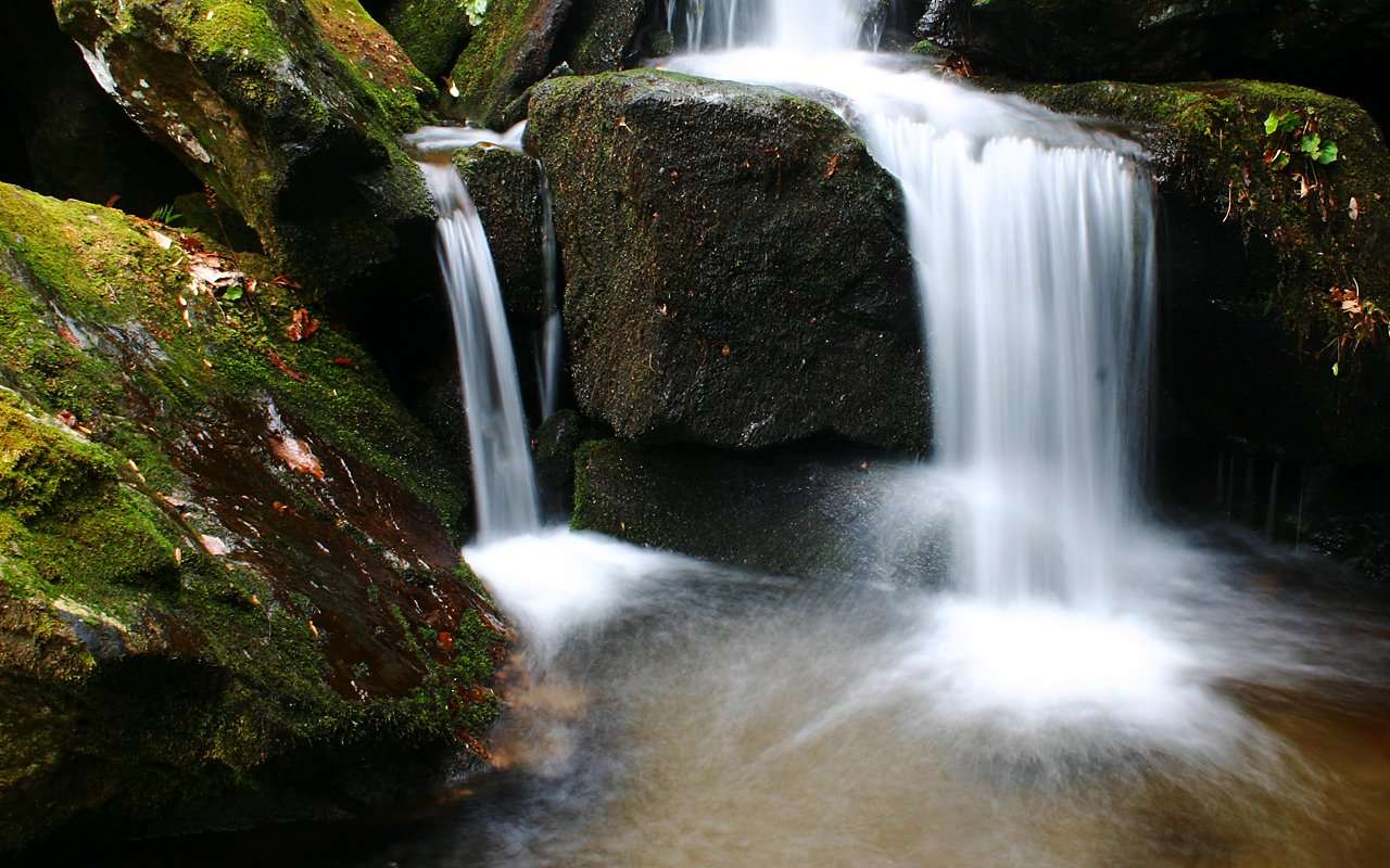 A serene waterfall cascades over moss-covered rocks, creating a tranquil scene as water flows gently into the pool below, surrounded by lush natural beauty.