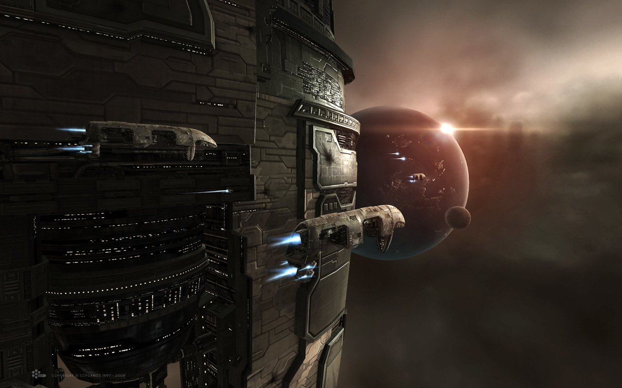 A dramatic scene from EVE Online, showcasing a futuristic spaceship docking at a massive structure, with a distant planet and star illuminating the cosmic backdrop.