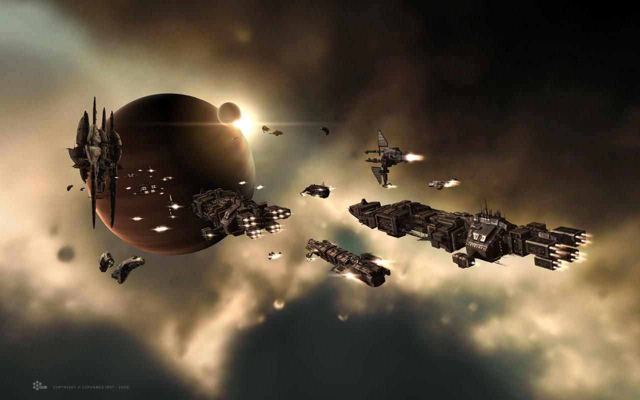 A breathtaking scene from the video game EVE Online, featuring several spacecraft engaged in battle near a massive planet, set against a backdrop of swirling cosmic clouds.
