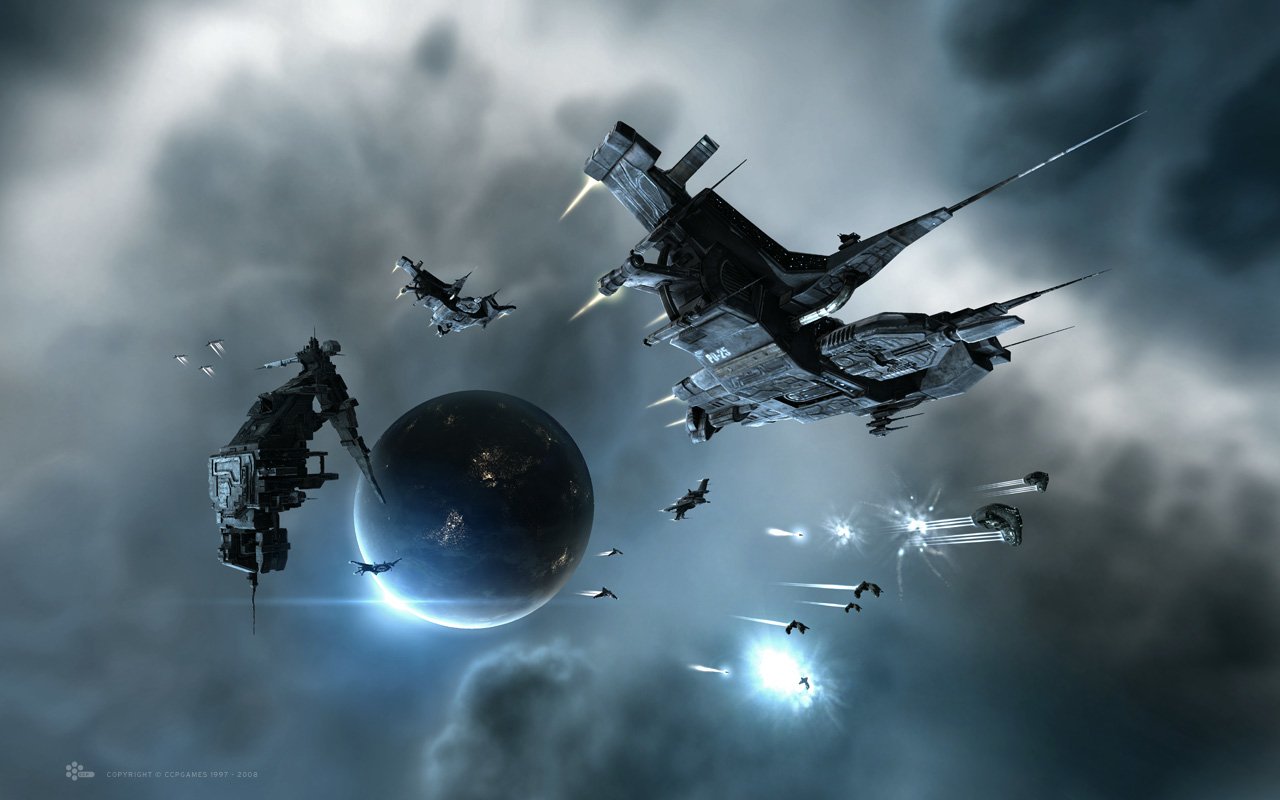 An epic space scene from the video game EVE Online, showcasing several futuristic ships engaged in a dramatic encounter against a backdrop of clouds and a distant planet.