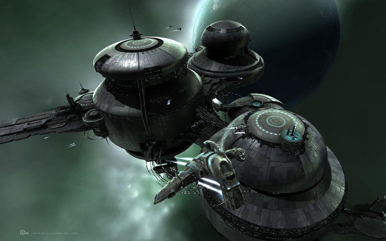 A futuristic space station from the video game EVE Online, featuring sleek, metallic architecture against a backdrop of a distant planet and swirling cosmic elements.