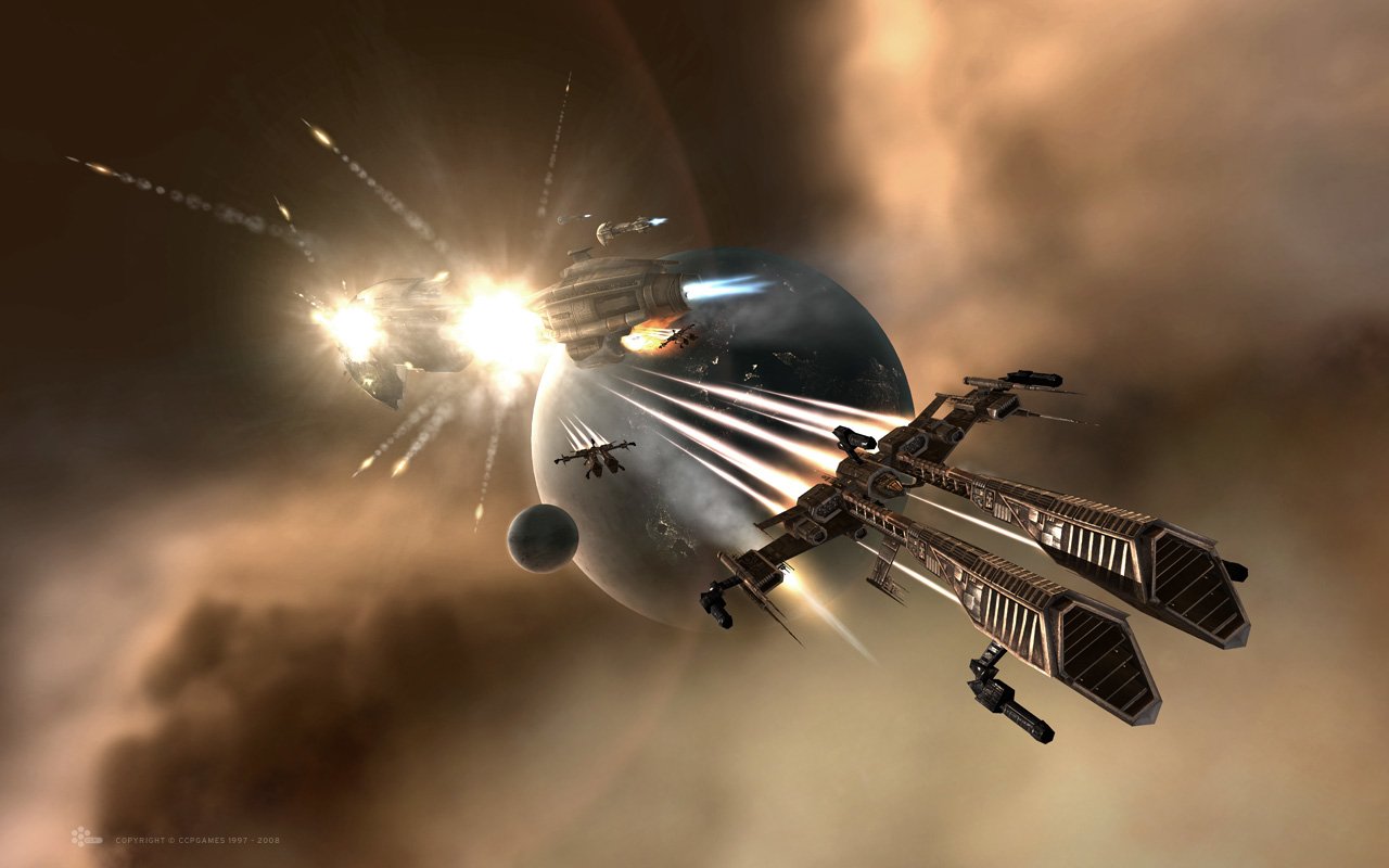 A dramatic scene from the video game EVE Online, featuring sleek spacecraft engaged in combat against a backdrop of planets and explosions in a vast space setting.
