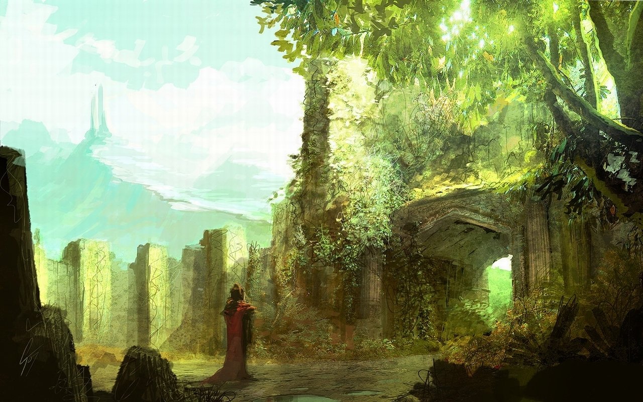 A serene, artistic landscape featuring lush greenery and ancient ruins, with a figure in a red robe standing amidst the stone structures under a gentle light.