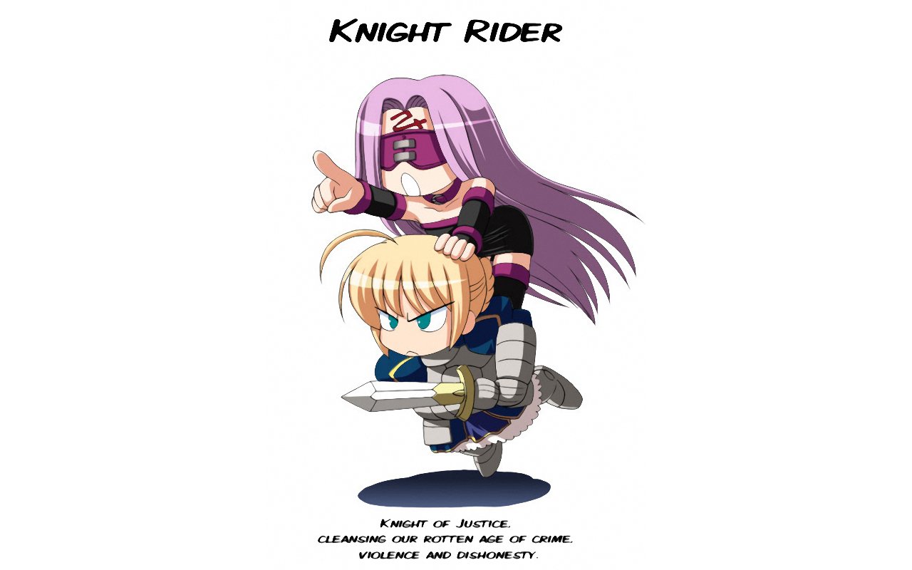 A playful illustration featuring Rider and Saber from the Fate/stay night series. Rider playfully gestures while Saber, with sword in hand, is carried along, embodying their dynamic teamwork.