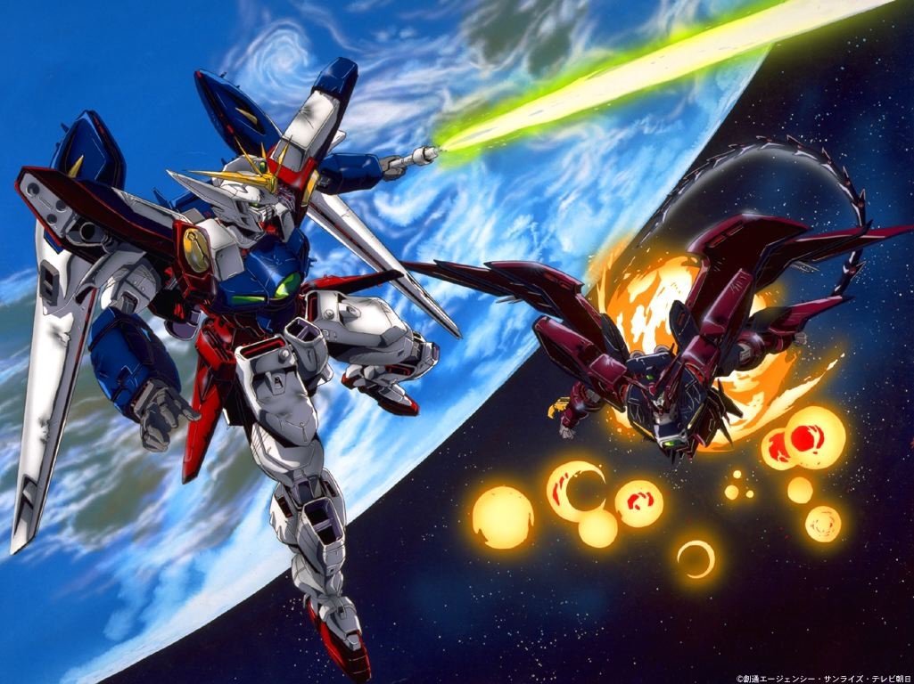 A dynamic anime scene featuring two Gundam mechs engaged in battle, set against a backdrop of Earth and a vibrant cosmic display with bright energy beams.