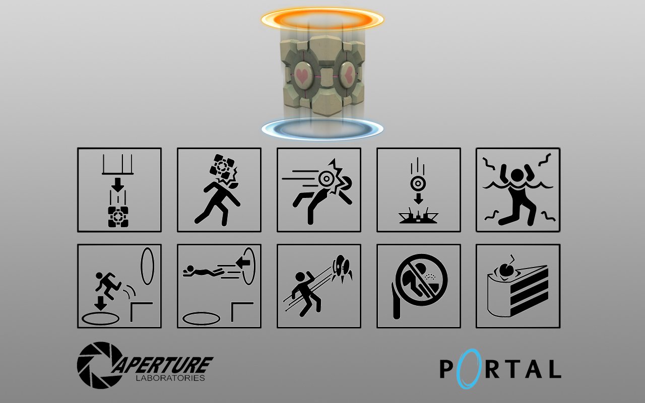 A stylized representation of the Portal video game featuring a core companion and various gameplay icons illustrating puzzles, challenges, and unique mechanics.