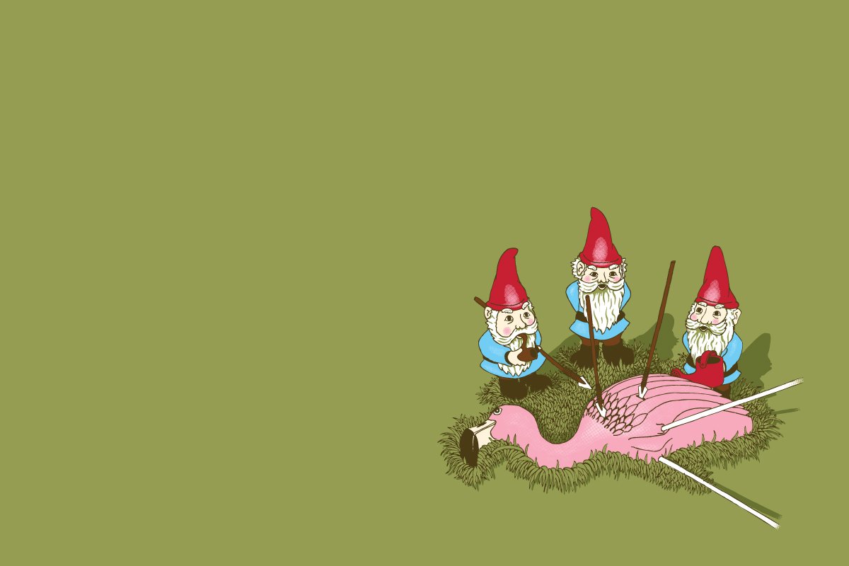 Three gnomes, wearing red hats, stand over a deflated pink flamingo, poking it with sticks. The scene is both funny and just wrong, blending whimsy with absurdity.