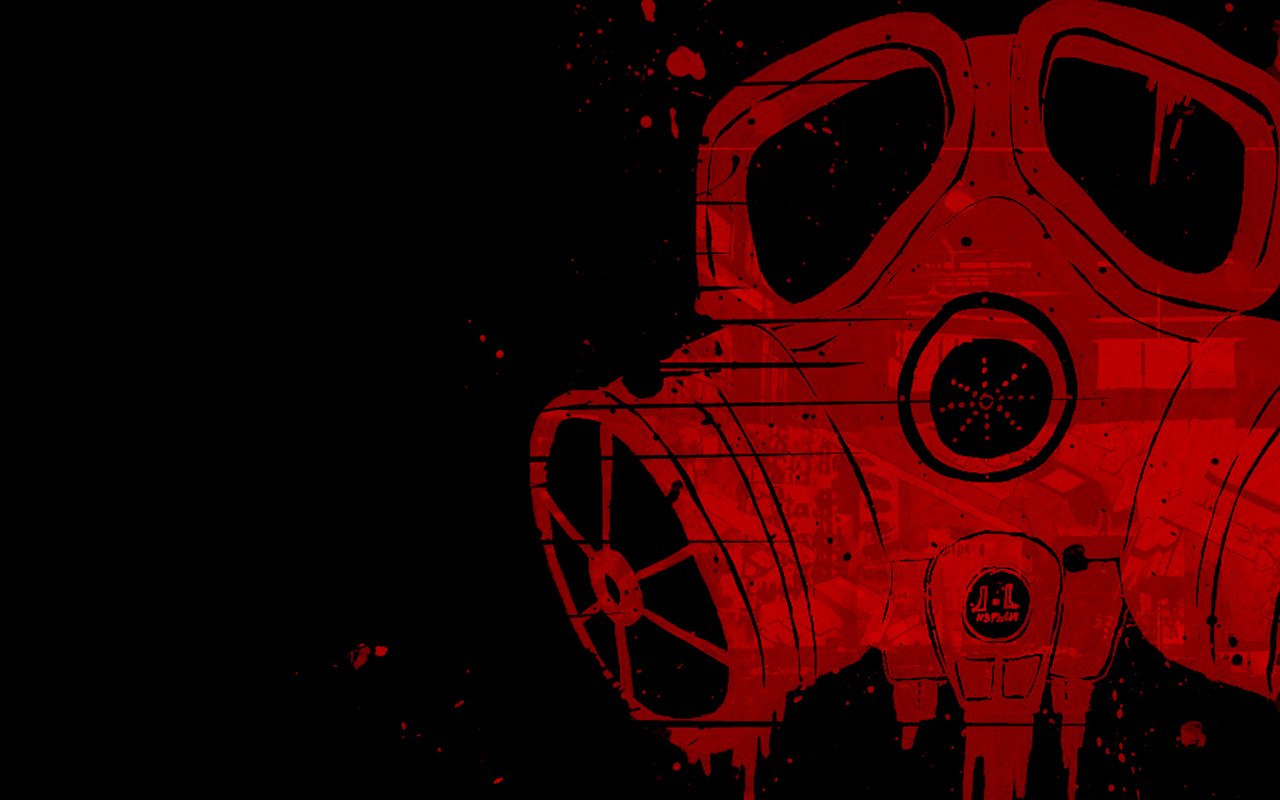 A striking dark image featuring a red gas mask, surrounded by splatters, evokes themes of danger and unease.