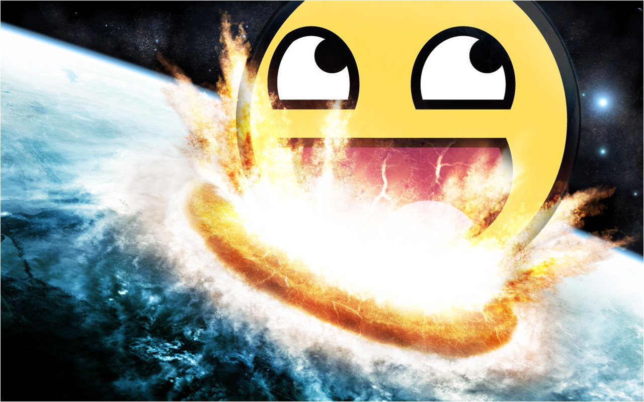 A large, smiling emoji with wide eyes is humorously reacting to a fiery explosion in space, blending a playful and funny vibe with dramatic imagery.