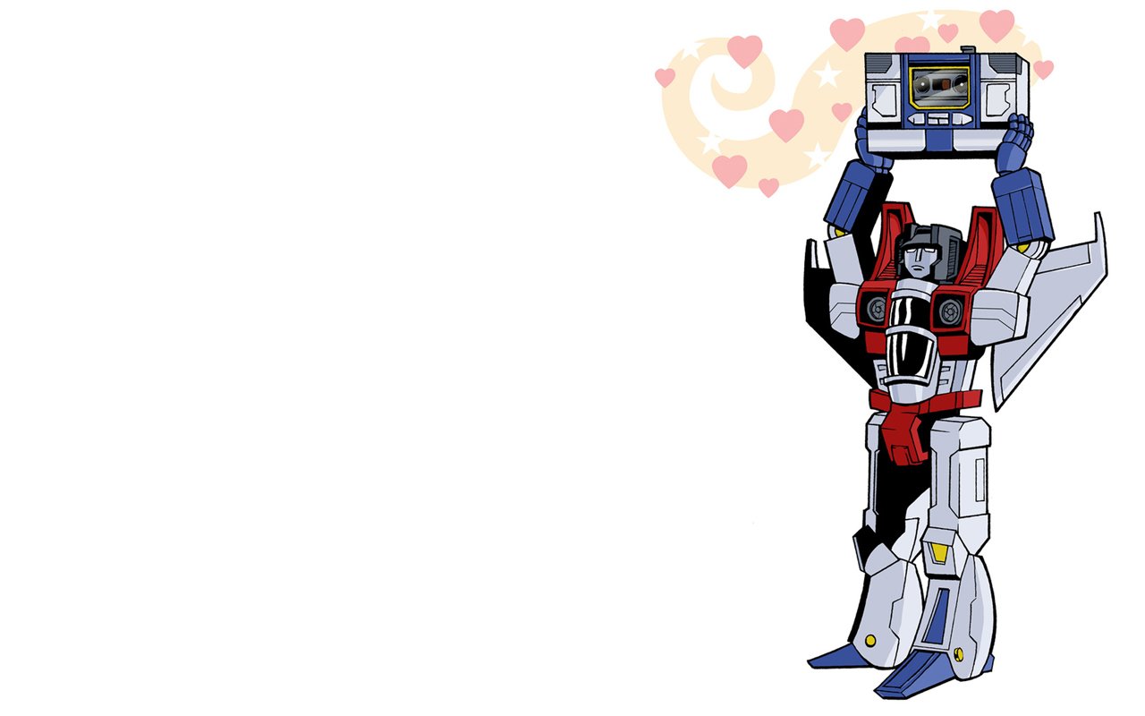 A Transformer character joyfully holds up a cassette player, surrounded by colorful hearts, capturing a playful moment in a comic style.