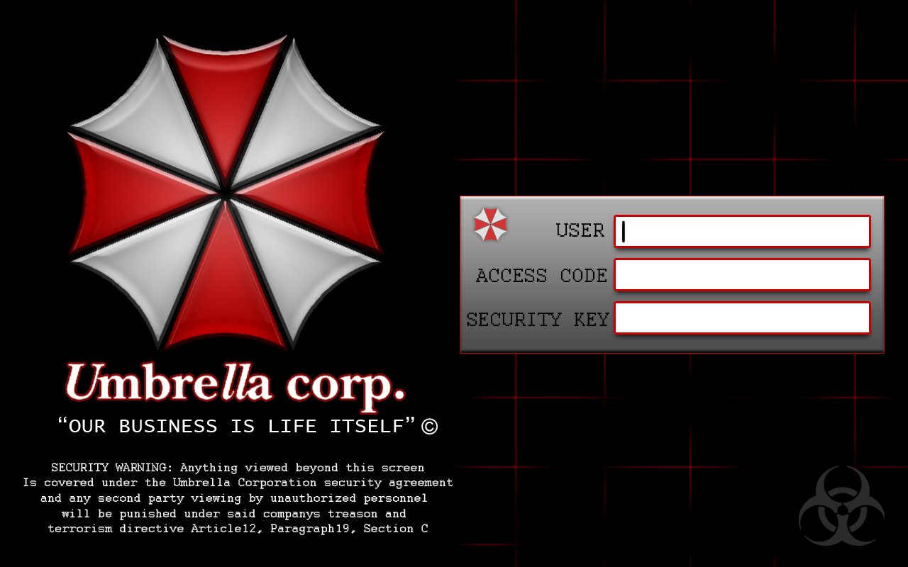 A sleek login screen featuring the Umbrella Corporation logo from the video game Resident Evil, with fields for user details and a cautionary security warning.