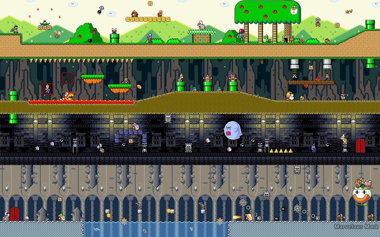 A vibrant scene from the video game Super Mario World, featuring colorful platforms, pipes, and various characters set against a lush landscape and mysterious underground area.