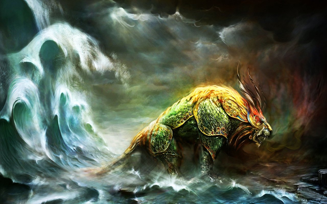 A fantastical creature emerges from turbulent waves, adorned in shimmering green and gold hues, exuding an aura of mystique against a dramatic, stormy backdrop.