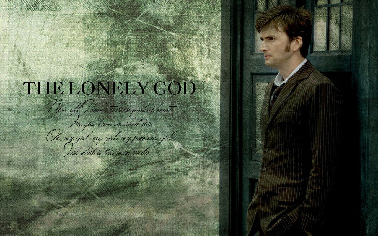 A character from the TV show Doctor Who (2005) stands pensively beside the TARDIS, with the text THE LONELY GOD over a textured, moody background.