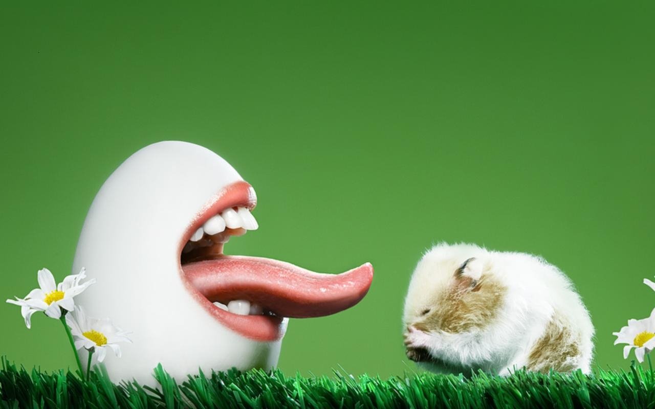 A surreal scene featuring a large egg with a mouth and long tongue playfully reaching towards a small hamster, set against a vibrant green background. It's funny and just wrong!