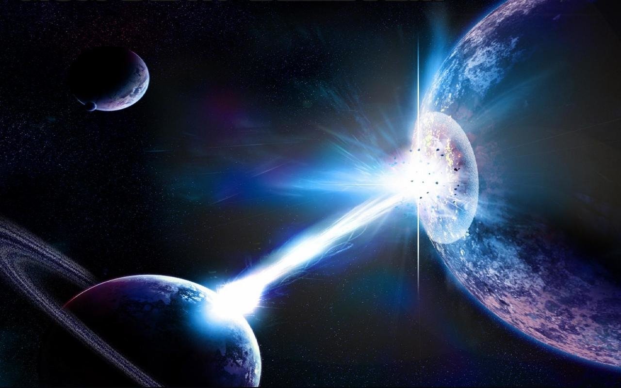 A dramatic sci-fi scene depicting a planet engulfed in a powerful explosion, with cosmic beams radiating outward and two other planets visible in the background against a starry space backdrop.