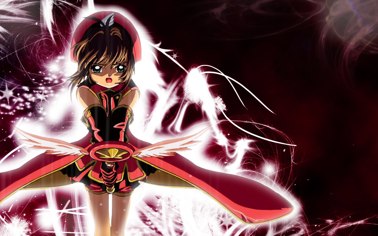 A dynamic image of an anime character from Cardcaptor Sakura, featuring a young girl in a striking red outfit, surrounded by ethereal, swirled light effects.