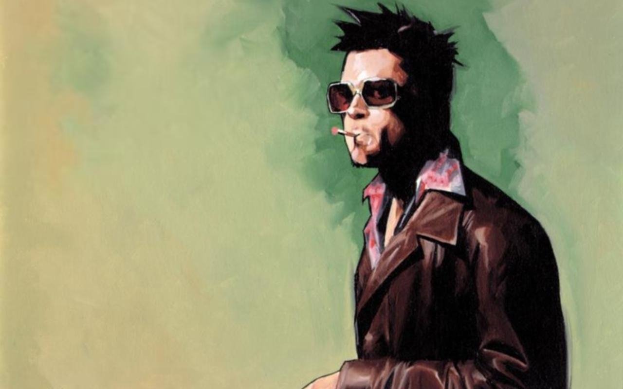 A stylized illustration inspired by the movie Fight Club, featuring a man in sunglasses with a cigarette, exuding a rebellious and edgy vibe against a muted background.