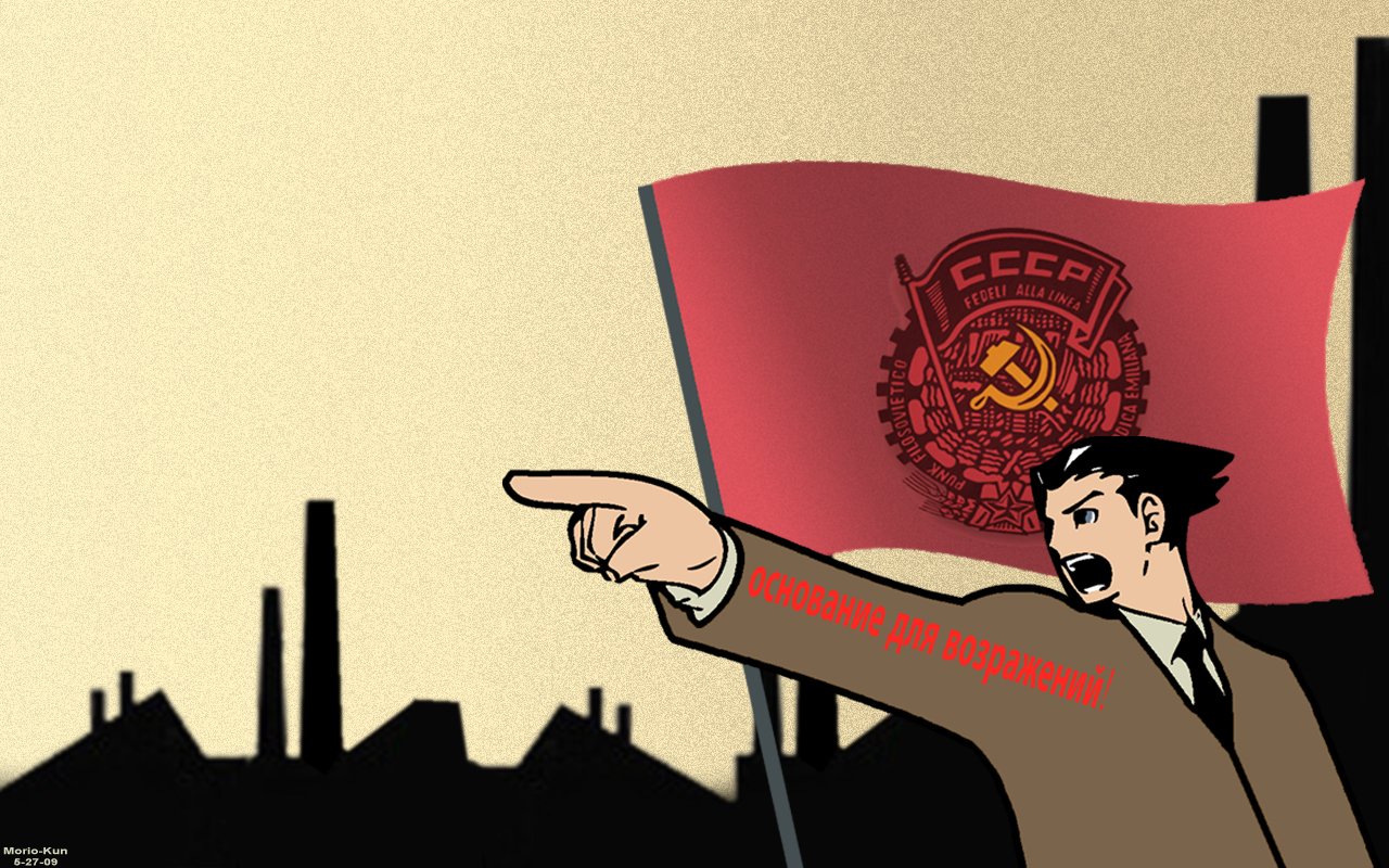 A man in a suit passionately points while holding a red flag emblazoned with the CCCP emblem, set against a backdrop of industrial buildings, embodying themes of communism.