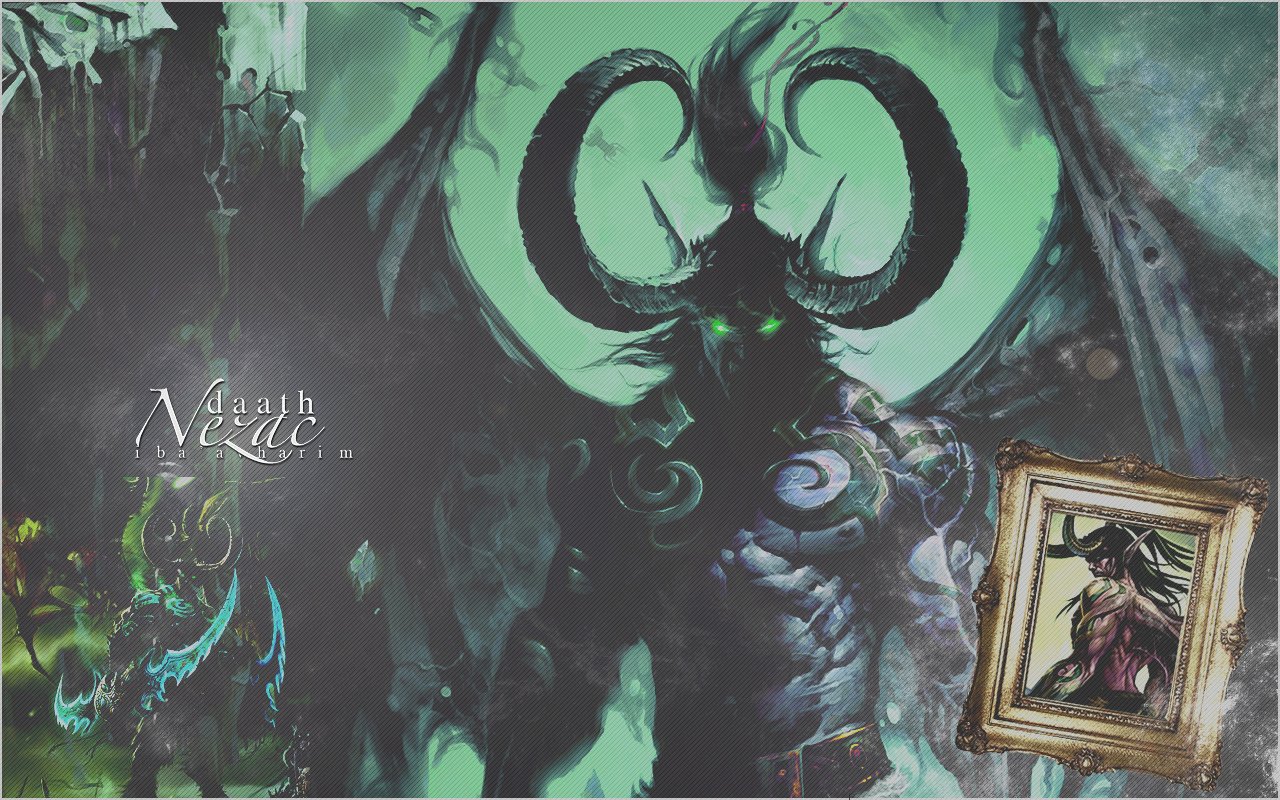 An illustration of Illidan Stormrage from Warcraft, depicting the demon character with iconic horns and glowing eyes, set against a haunting green backdrop.