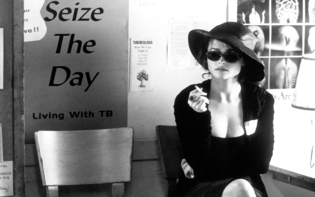 A woman in a black hat and sunglasses sits against a wall with the phrase Seize The Day, evoking the edgy atmosphere of the movie Fight Club. She smokes casually, embodying rebellion.