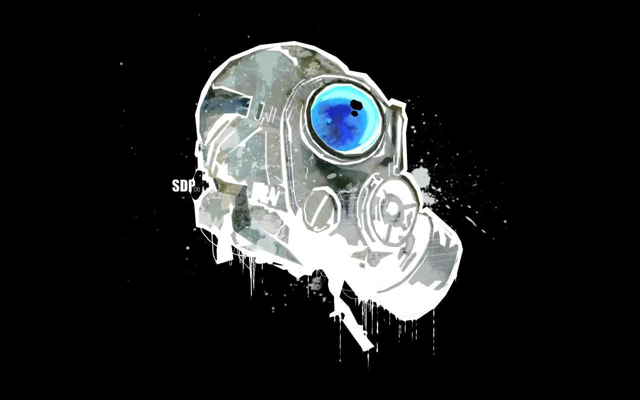 A striking image featuring a dark, abstract gas mask with a prominent blue lens, set against a black background. The design exudes a sense of depth and intrigue.
