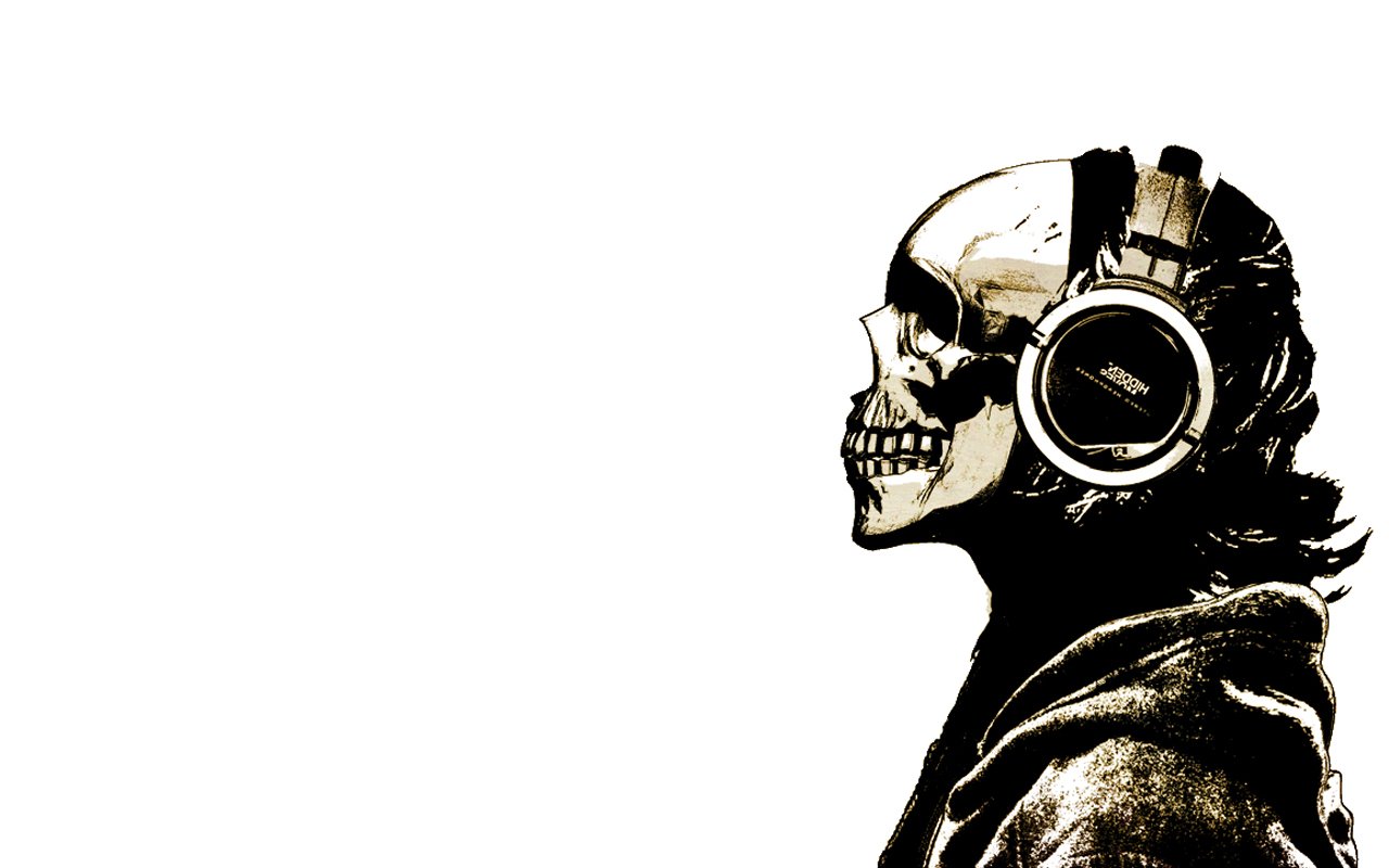 A detailed skull wearing large headphones, set against a white background, capturing a striking music-themed image tagged Just Music.