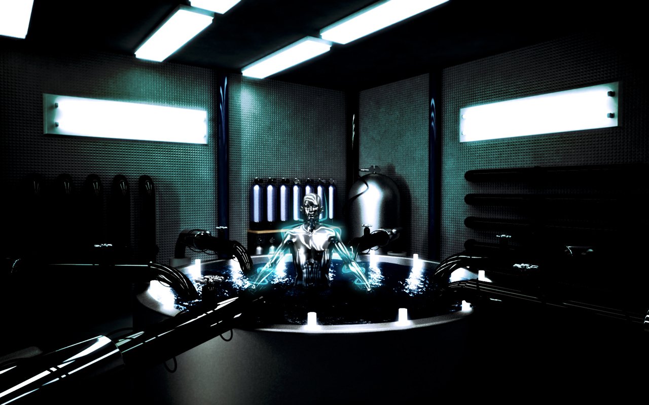 A futuristic sci-fi robot stands in a dimly lit, high-tech room illuminated by fluorescent lights and glowing blue accents.