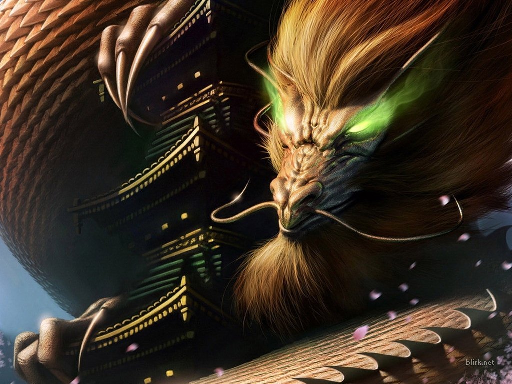 A majestic dragon with glowing green eyes looms over a traditional Shinto temple, set against a backdrop of delicate cherry blossoms, blending fantasy and Asian culture.