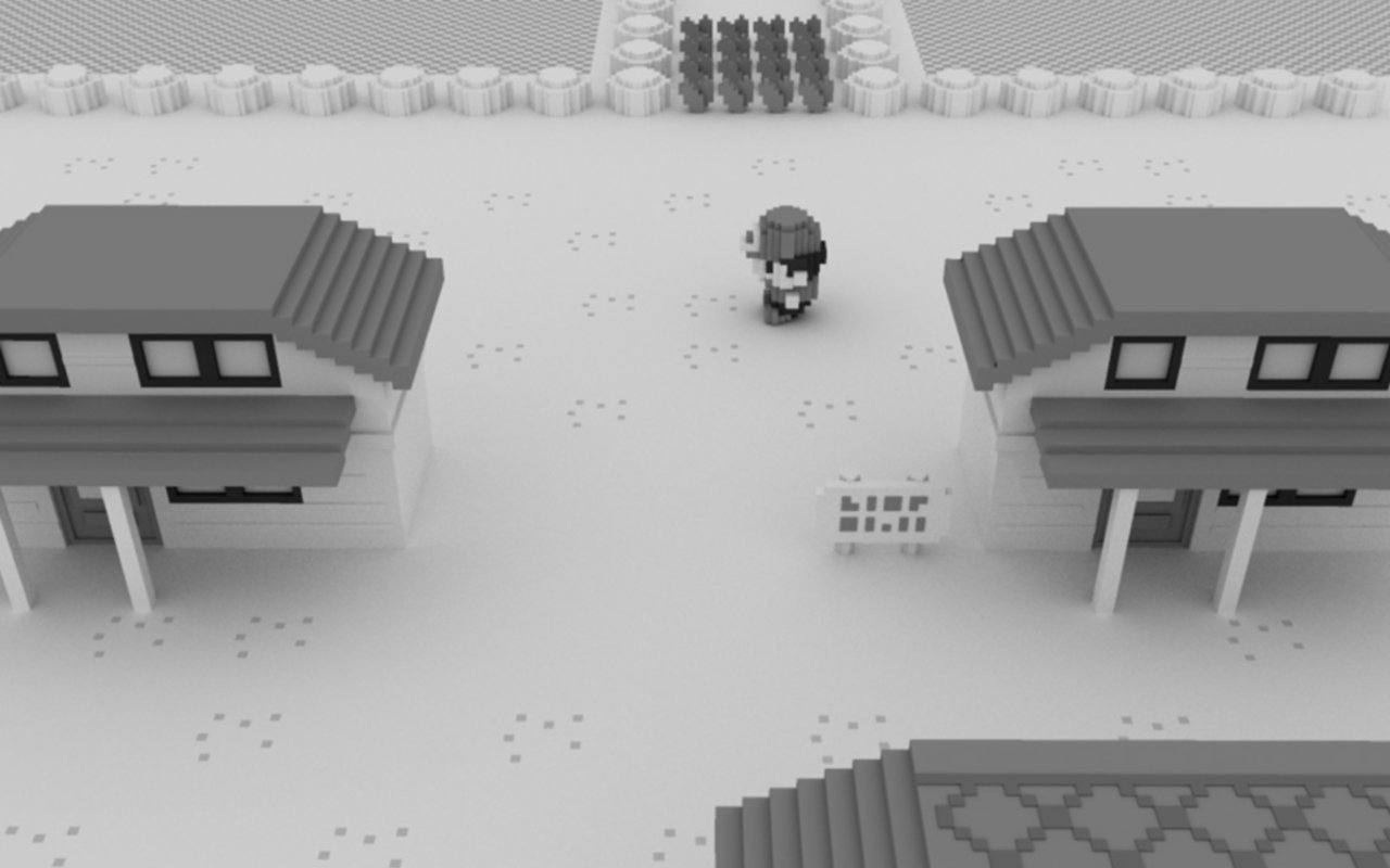 A black and white representation of a Pokémon game scene, capturing a character standing between houses in a retro-style landscape reminiscent of Pokémon: Red and Blue.