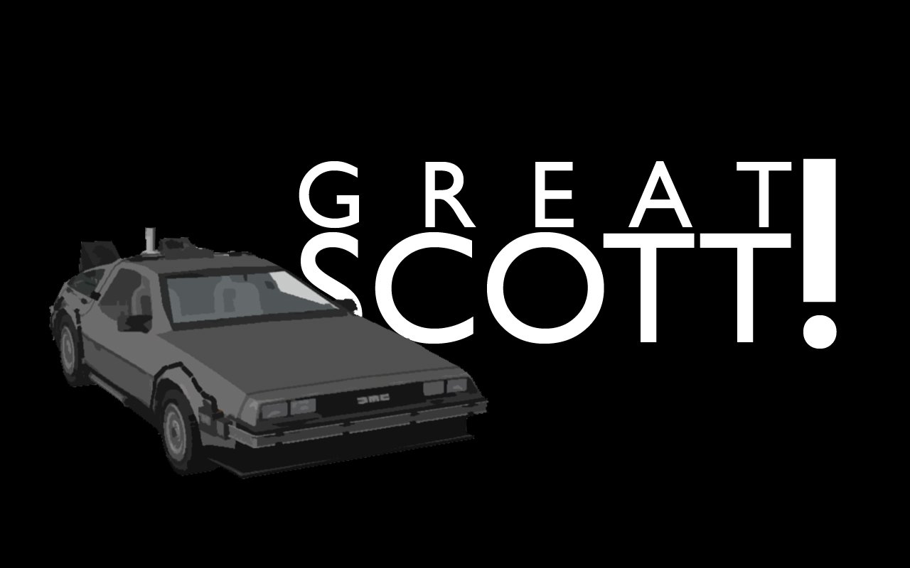 A stylized graphic featuring the DeLorean from the movie Back To The Future with the text GREAT SCOTT! in bold letters against a black background.