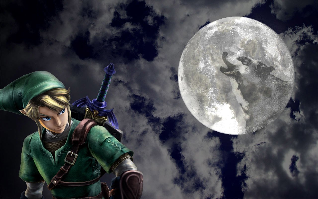 Link, from *The Legend of Zelda: Twilight Princess*, stands poised against a dramatic night sky, with a full moon illuminating clouds and a shadowy figure within.