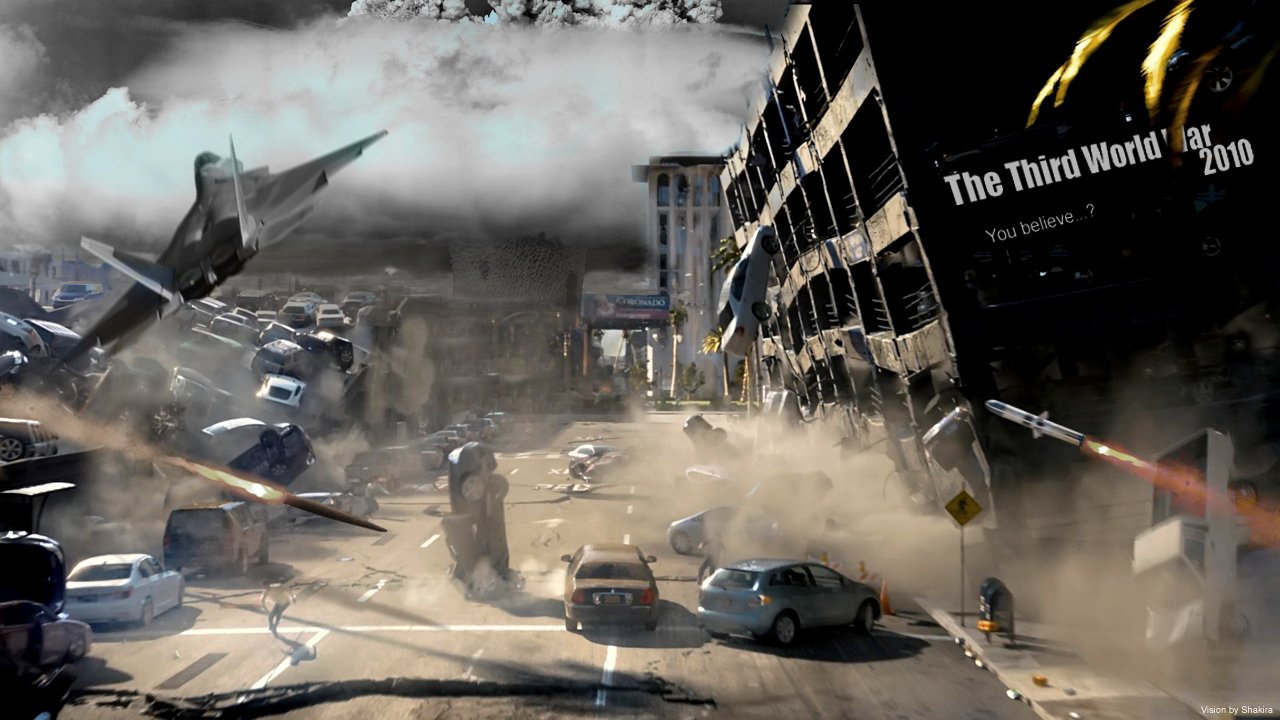 A chaotic cityscape from the movie The Third World (2012), featuring crashing vehicles, debris, and a dramatic sky filled with planes and smoke, depicting intense destruction.