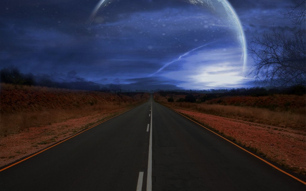 A tranquil road stretches into a dreamy world, beneath a cosmic sky with a large planet looming above, blending nature's beauty with surreal elements.