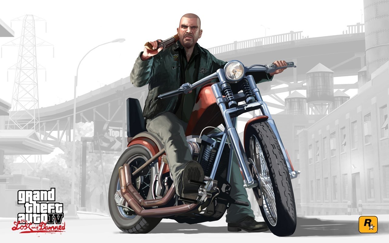 A character from Grand Theft Auto IV confidently rides a motorcycle, holding a weapon, set against a gritty urban backdrop. The game's logo is featured in the corner.