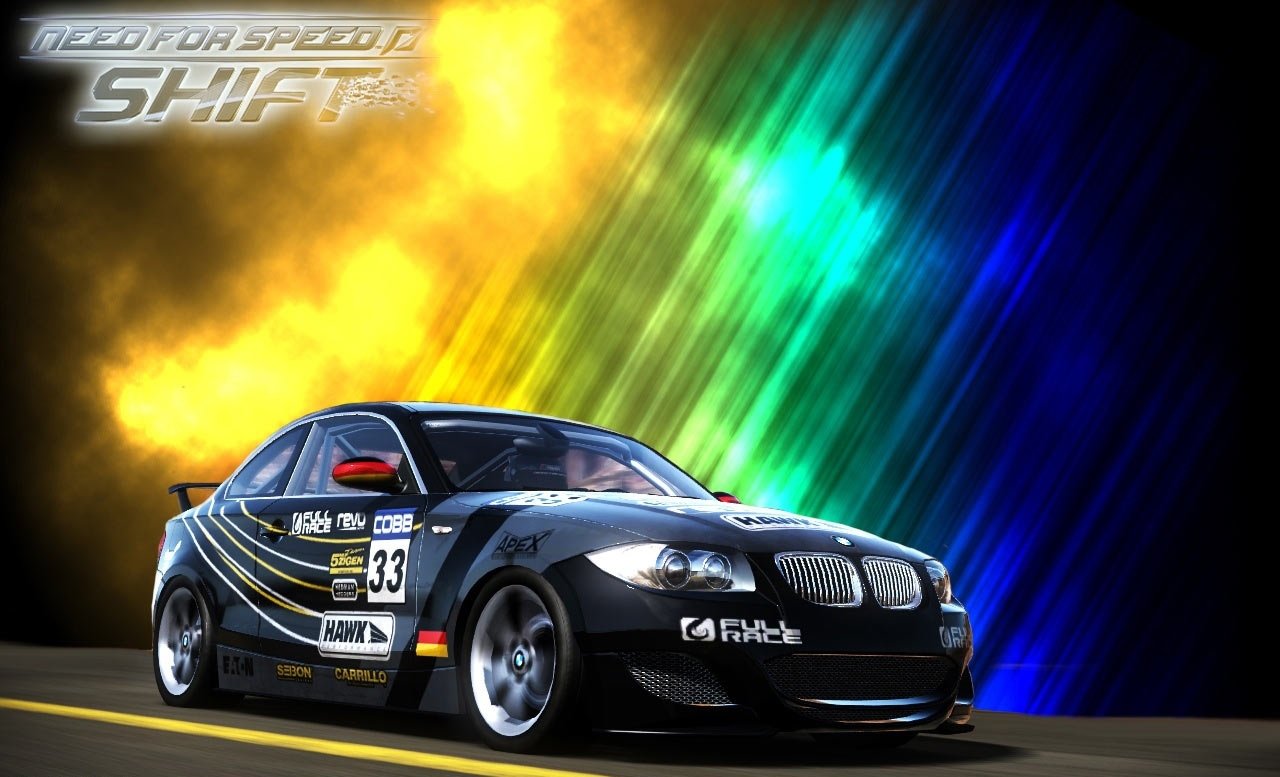 A sleek race car speeds forward against a dynamic, colorful background in the video game Need For Speed: Shift.