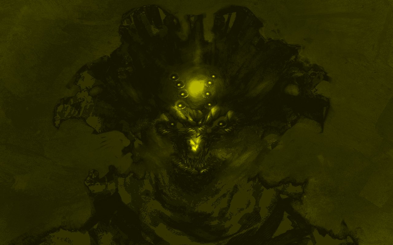 Dark, shadowy demonic visage with glowing yellow eyes and horned silhouette, grinning from swirling, oily mist.