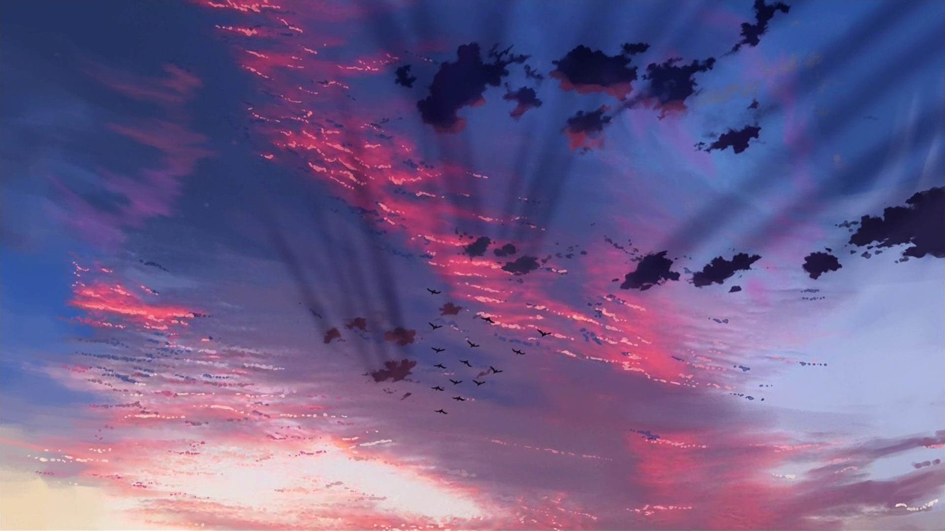 A vibrant anime sky from The Place Promised In Our Early Days, painted with pink and purple clouds as birds fly across beams of fading sunlight.
