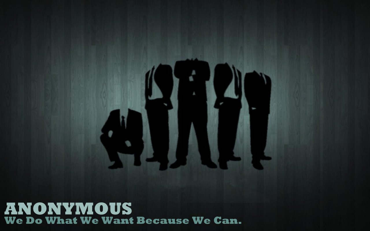 Silhouetted figures stand against a dark background, representing anonymity. The text reads ANONYMOUS: We Do What We Want Because We Can, emphasizing themes of technology and freedom.