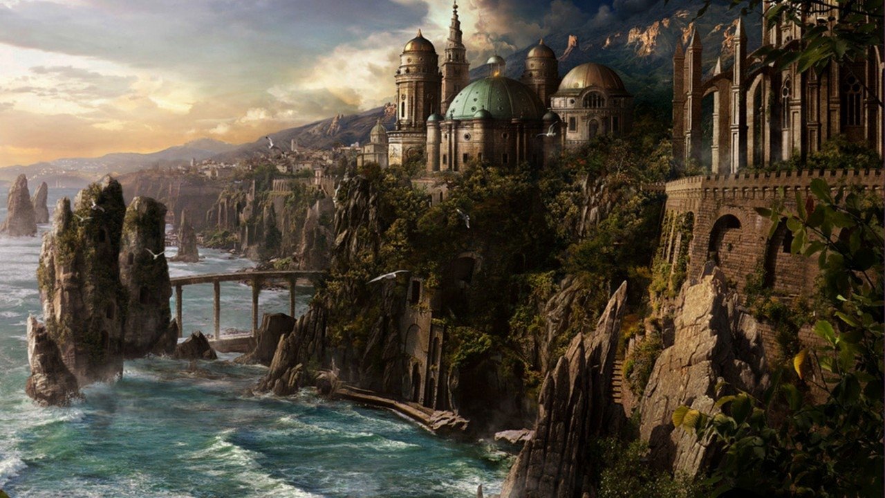 A stunning fantasy city perched on rocky cliffs, featuring ornate buildings with domes, overlooking a serene ocean under a dramatic sky. Lush greenery intertwines with the architecture.
