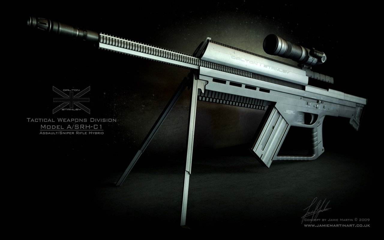 A sleek, modern sniper rifle is displayed prominently against a dark background, showcasing its tactical design and advanced optics.