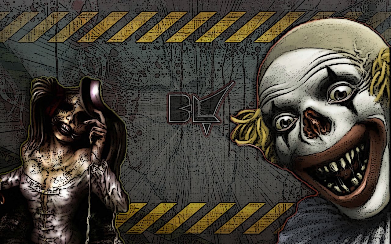 A dark, eerie scene features a sinister clown with an exaggerated grin, alongside a haunting figure, set against a gritty, caution-striped background.