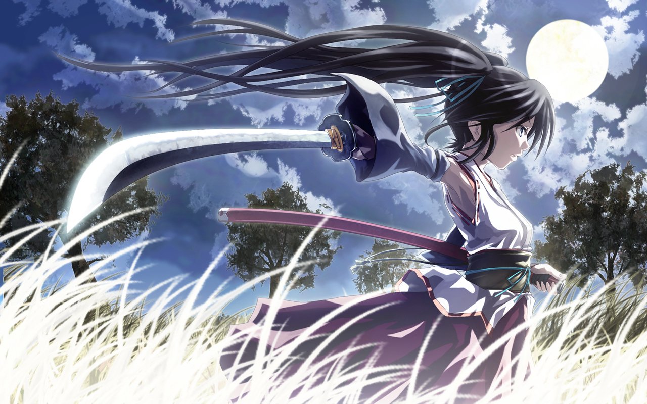 Anime-style image of Hatsune Miku wielding a katana under a full moon in a field, blending Vocaloid character design with dynamic action and atmospheric nighttime setting.